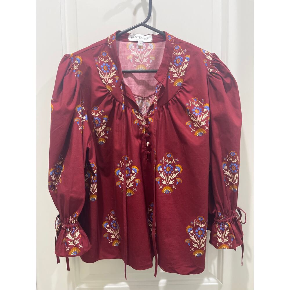 Hunter Bell Rory Top Red Floral Peasant Blouse Sz L - Picture 2 of 7